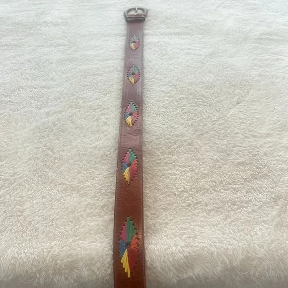 Vintage Women’s Brown Leather Belt Sz L Made USA Hankton 337 Colorful Starbursts - Picture 2 of 16